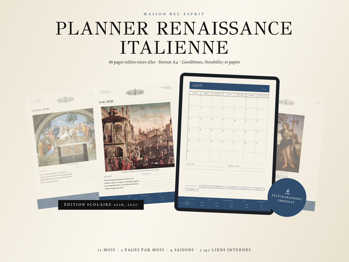 Planner Renaissance italienne · Année scolaire 2026, 2027