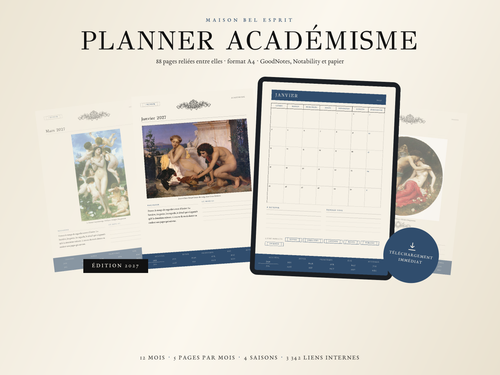 Couverture du planner numérique Académisme, 2027, ouvert par Bouguereau, Gérôme, Cabanel et Alma-Tadema.